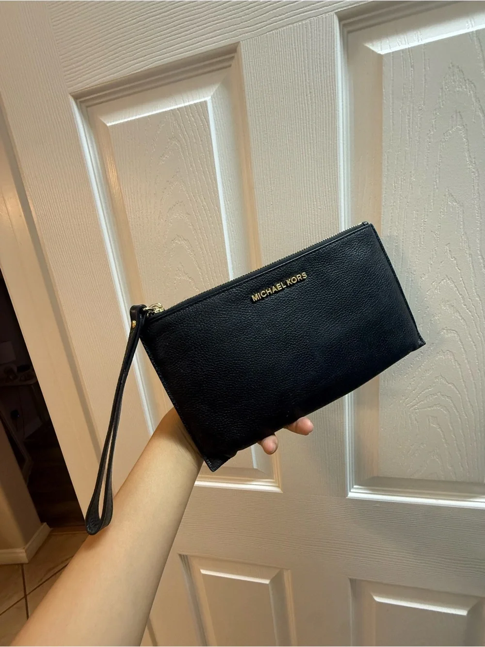 Michael Kors Black Leather Wristlet Pouch with Gold Logo